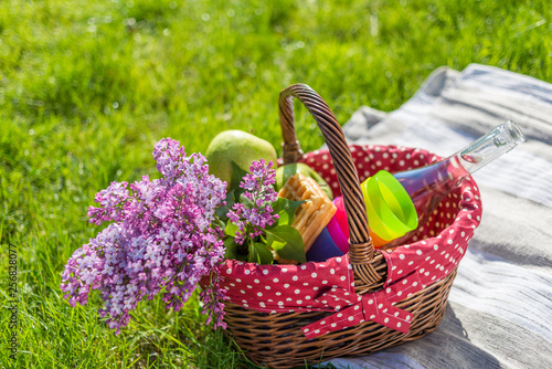 Fototapeta Naklejka Na Ścianę i Meble -  picnic basket and blanket outdoors