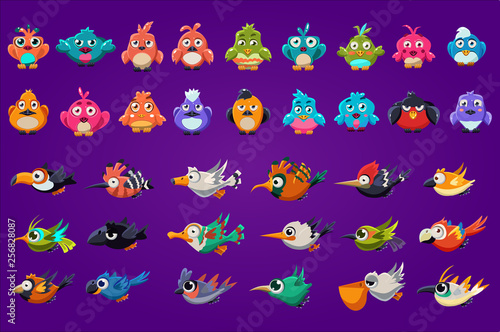 Set of cartoon birds. Funny creatures with big shiny eyes. Gaming assets. Colorful graphic elements for computer or mobile game interface. Flat vector icons