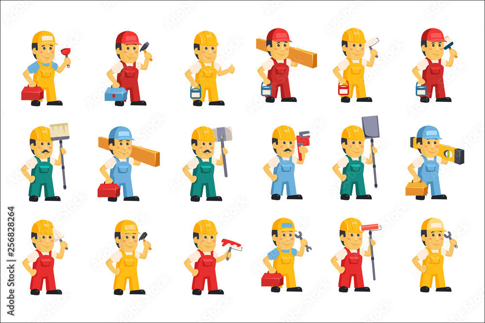 Flat vector set of men in working overalls and protective helmets with different equipment for repair and construction. Carpenter industry. Cartoon professional builders