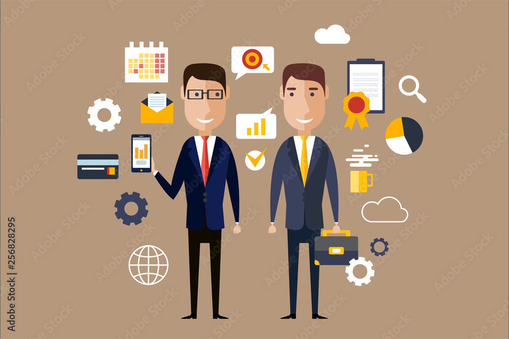 Two men in formal classical suits surrounded with business icons. Successful partnership, career theme. Corporate flat style vector. Two men in formal classical suits surrounded with business icons. Successful partnership, career theme. Corporate flat style vector.