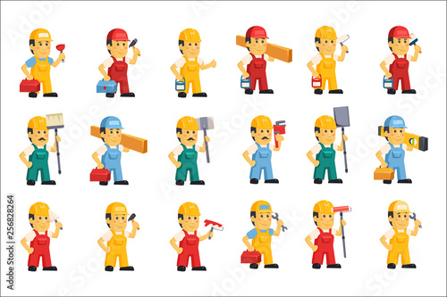Flat vector set of men in working overalls and protective helmets with different equipment for repair and construction. Carpenter industry. Cartoon professional builders