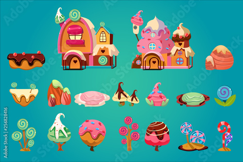 Vector set of sweet landscape elements for fantasy computer or mobile game. Candy land. Gingerbread houses, stones, various plants and platforms. Gaming assets