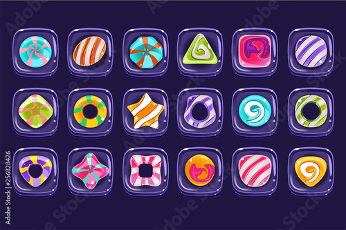 Vector set of colorful candies inside transparent bubbles. Glossy sweets of various shapes. Graphic elements for computer or mobile game assets