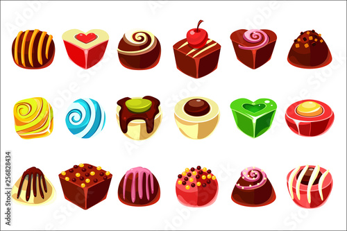 Flat vector set of tasty candies with various filling. Delicious chocolate sweets in different shapes ball, heart, cube . Graphic design for confectionery shop