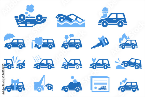Flat vectoe set of icons on vehicle insurance theme. Safety and protection of car. Elements for website, mobile app interface or business company