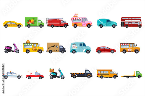 Flat vector set of service vehicles. Police car, taxi, fire engine, ambulance, delivery truck, tourist and school bus, ice cream, fast food and coffee vans