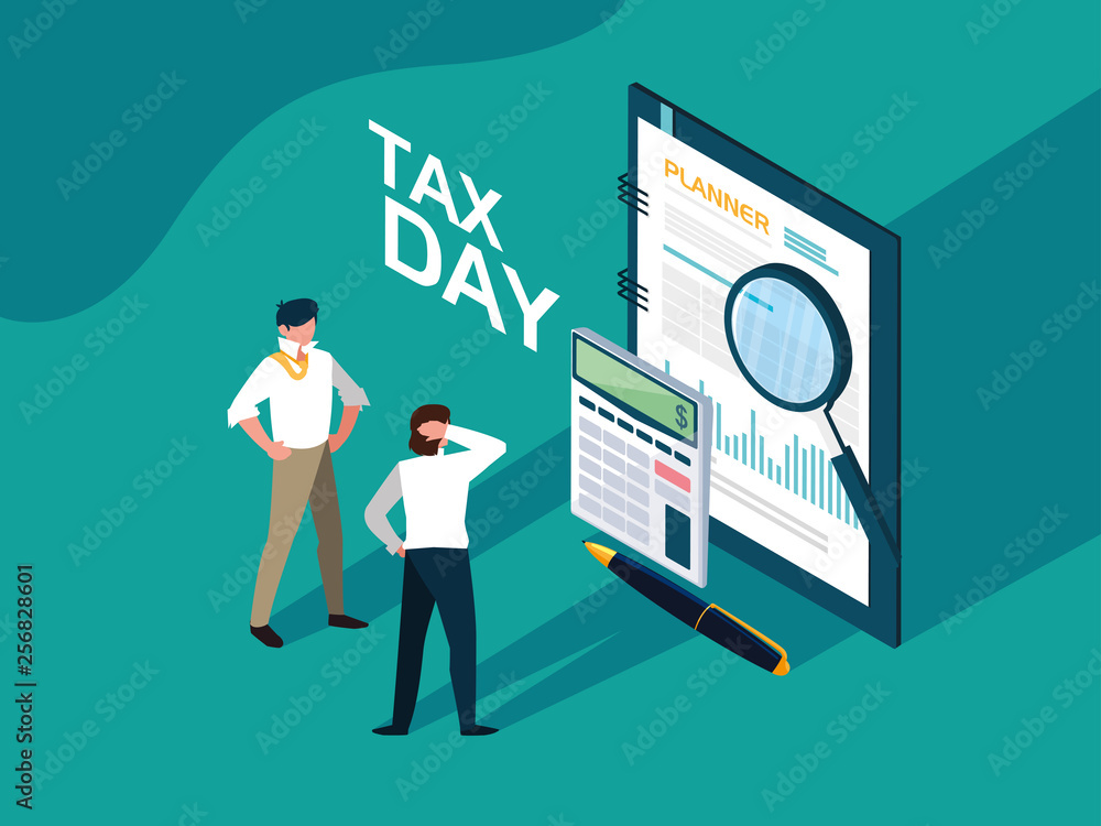 businessmen in tax day with planner and icons businessmen in tax day with planner and icons