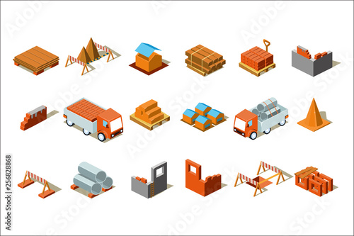 Isometric details of construction. Cargo cars, emergency barriers, materials for construction. Vector elements for building company or website