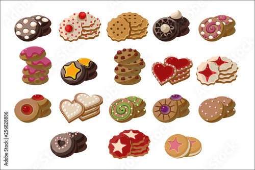 Flat vector set of tasty fresh-baked cookies with different flavours. Delicious pastry product. Sweet snacks for tea break. Cartoon elements for bakery shop menu
