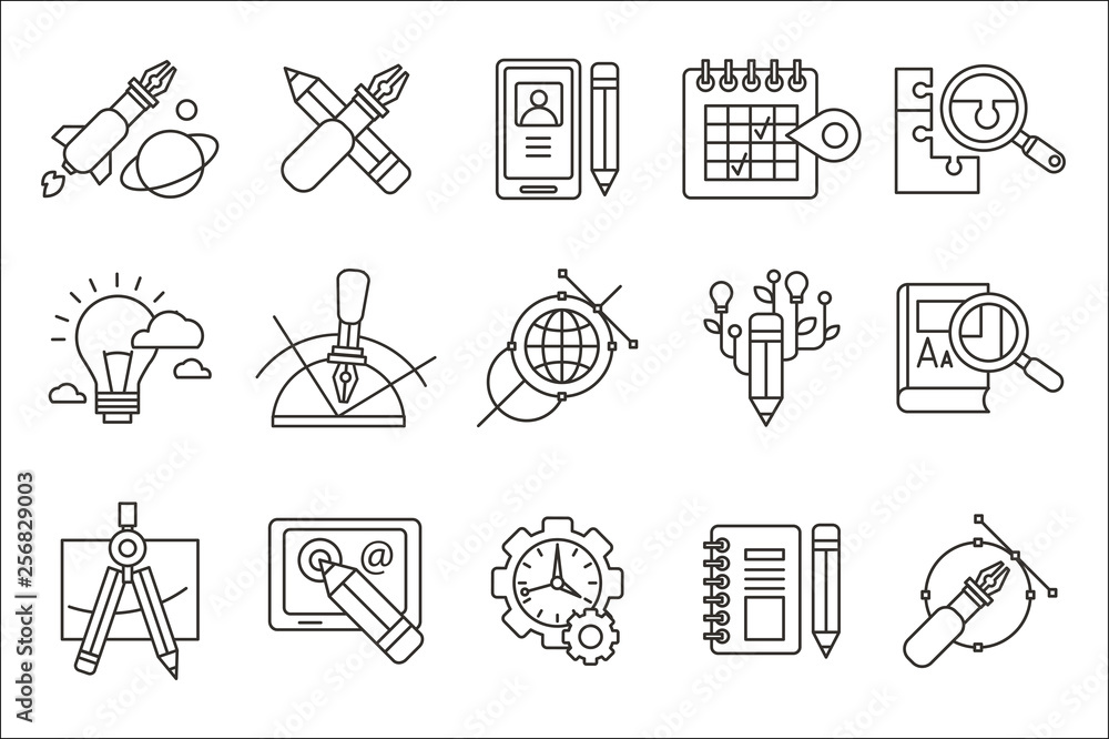 Vector set of abstract line art icons. Digital design and creative production. Web and software development, education, generation of success ideas, business vision Vector set of abstract line art icons. Digital design and creative production. Web and software development, education, generation of success ideas, business vision