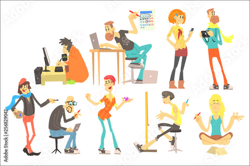 Flat vector set of cartoon creative people. Programmer, artist, illustrator, designer, photographer, writer, model, freelancer. Young men and women
