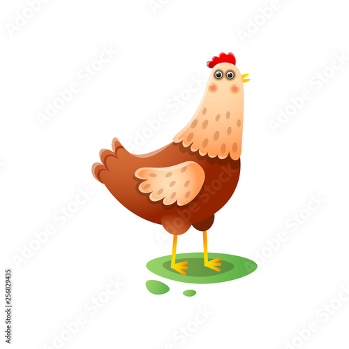 Cute kawai hen standing walking on green farmyard