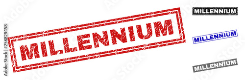 Grunge MILLENNIUM rectangle stamp seals isolated on a white background. Rectangular seals with grunge texture in red, blue, black and grey colors.