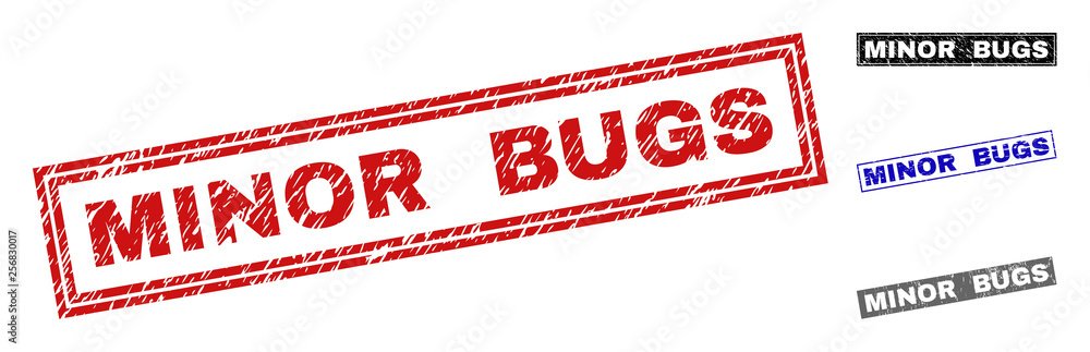 Grunge MINOR BUGS rectangle stamp seals isolated on a white background. Rectangular seals with grunge texture in red, blue, black and gray colors. Grunge MINOR BUGS rectangle stamp seals isolated on a white background. Rectangular seals with grunge texture in red, blue, black and gray colors.