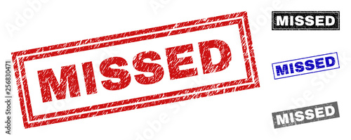 Grunge MISSED rectangle stamp seals isolated on a white background. Rectangular seals with grunge texture in red, blue, black and grey colors.