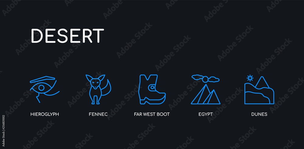 5 outline stroke blue dunes, egypt, far west boot, fennec, hieroglyph icons from desert collection on black background. line editable linear thin icons. 5 outline stroke blue dunes, egypt, far west boot, fennec, hieroglyph icons from desert collection on black background. line editable linear thin icons.
