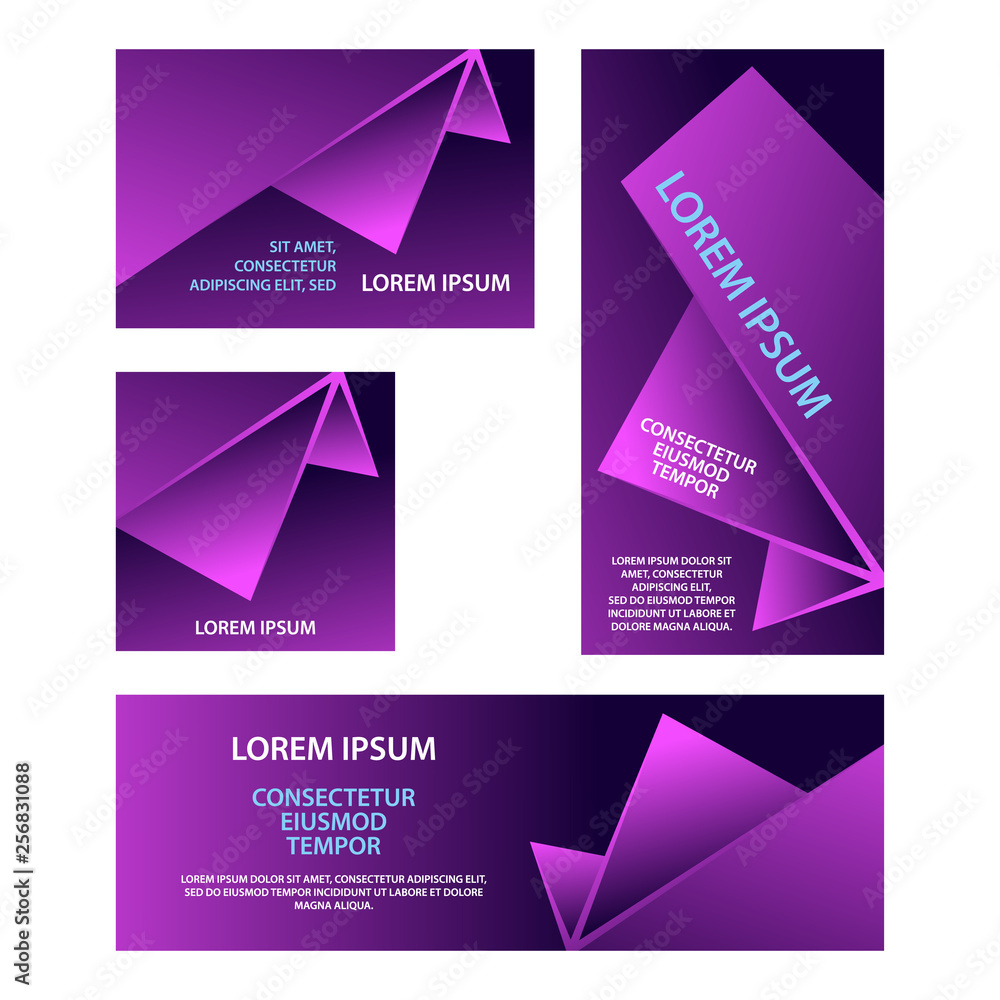 Purple abstract geometric banners set. Abstract triangular shapes with gradients for banner, cover, flyer, announcement, invitation.