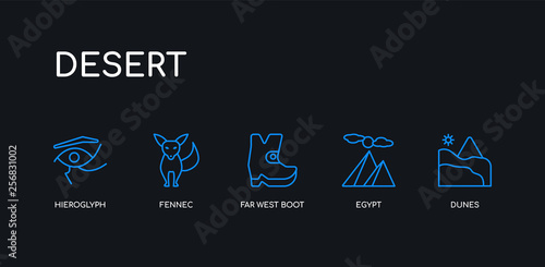 5 outline stroke blue dunes, egypt, far west boot, fennec, hieroglyph icons from desert collection on black background. line editable linear thin icons.