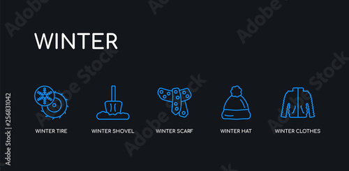 5 outline stroke blue winter clothes, winter hat, winter scarf, shovel, tire icons from collection on black background. line editable linear thin icons.
