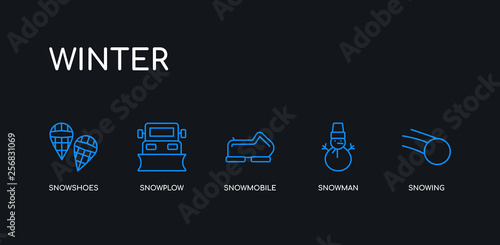 5 outline stroke blue snowing, snowman, snowmobile, snowplow, snowshoes icons from winter collection on black background. line editable linear thin icons.