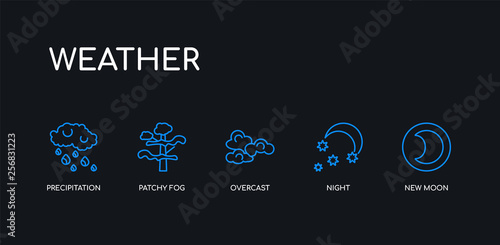 5 outline stroke blue new moon, night, overcast, patchy fog, precipitation icons from weather collection on black background. line editable linear thin icons.