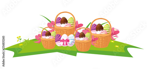 happy easter eggs painted in the basket