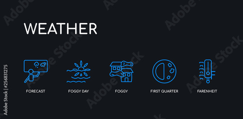 5 outline stroke blue farenheit, first quarter, foggy, foggy day, forecast icons from weather collection on black background. line editable linear thin icons.
