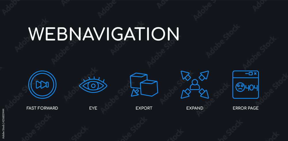 5 outline stroke blue error page, expand, export, eye, fast forward icons from webnavigation collection on black background. line editable linear thin icons. 5 outline stroke blue error page, expand, export, eye, fast forward icons from webnavigation collection on black background. line editable linear thin icons.