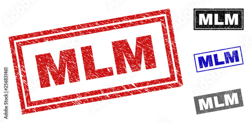 Grunge MLM rectangle stamp seals isolated on a white background. Rectangular seals with distress texture in red, blue, black and grey colors.
