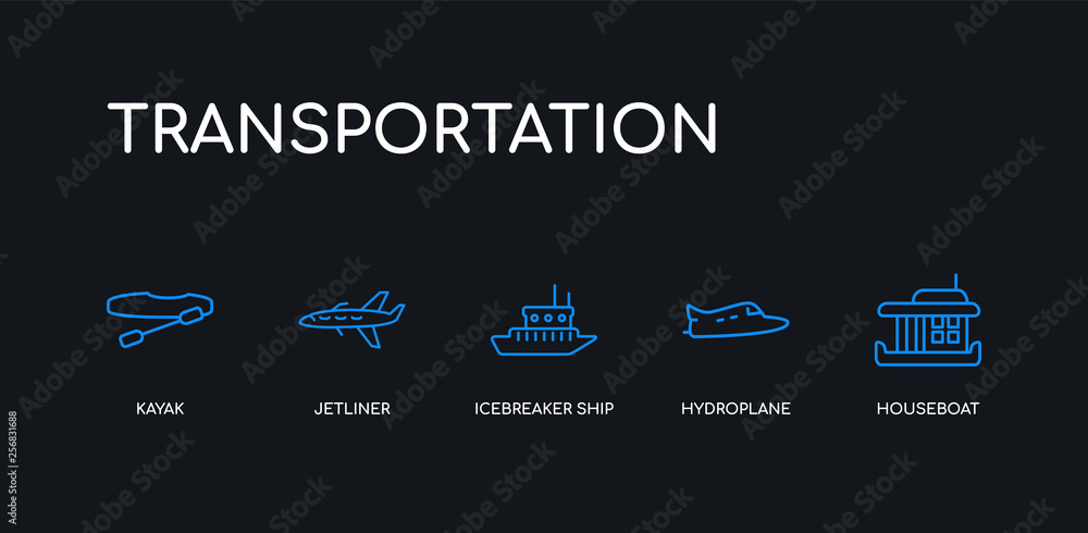5 outline stroke blue houseboat, hydroplane, icebreaker ship, jetliner, kayak icons from transportation collection on black background. line editable linear thin icons.