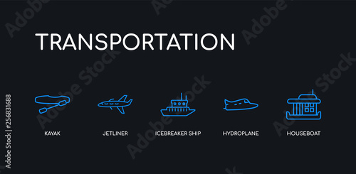 5 outline stroke blue houseboat, hydroplane, icebreaker ship, jetliner, kayak icons from transportation collection on black background. line editable linear thin icons.