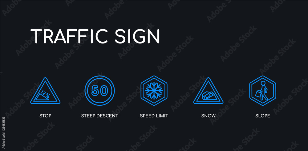 5 outline stroke blue slope, snow, speed limit, steep descent, stop icons from traffic sign collection on black background. line editable linear thin icons.