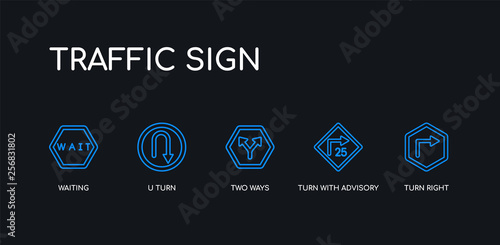 5 outline stroke blue turn right, turn with advisory speed, two ways, u turn, waiting icons from traffic sign collection on black background. line editable linear thin icons.
