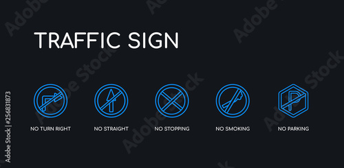 5 outline stroke blue no parking, no smoking, no stopping, straight, turn right icons from traffic sign collection on black background. line editable linear thin icons.