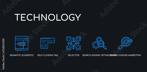 5 outline stroke blue search engine marketing, search engine optimization, selector, self-closing tag, semantic elements icons from technology collection on black background. line editable linear