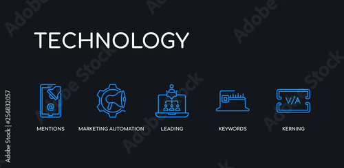 5 outline stroke blue kerning, keywords, leading, marketing automation, mentions icons from technology collection on black background. line editable linear thin icons.
