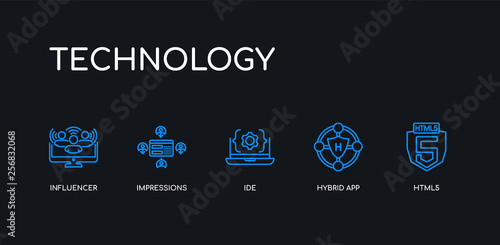 5 outline stroke blue html5, hybrid app, ide, impressions, influencer icons from technology collection on black background. line editable linear thin icons.