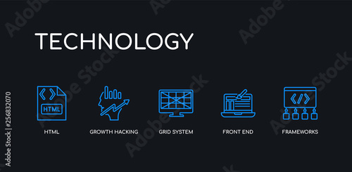 5 outline stroke blue frameworks, front end, grid system, growth hacking, html icons from technology collection on black background. line editable linear thin icons.