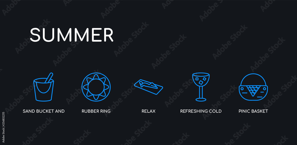 Fototapeta premium 5 outline stroke blue pinic basket, refreshing cold drink, relax, rubber ring, sand bucket and shovel icons from summer collection on black background. line editable linear thin icons.