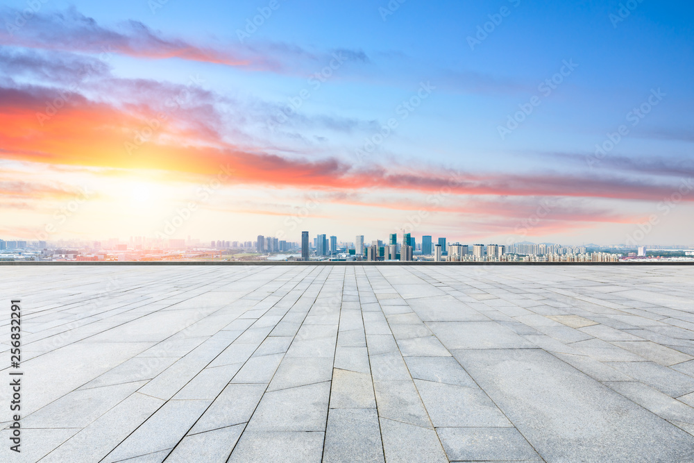 Panoramic city skyline and buildings with empty square floor in Shanghai,high angle view