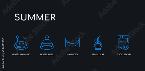 5 outline stroke blue food stand, funicular, hammock, hotel bell, hotel hanging icons from summer collection on black background. line editable linear thin icons.