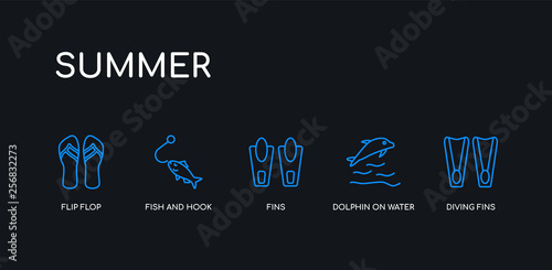 5 outline stroke blue diving fins, dolphin on water waves, fins, fish and hook, flip flop icons from summer collection on black background. line editable linear thin icons.