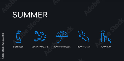 5 outline stroke blue aqua park, beach chair, beach umbrella, deck chairs and sun, dispenser icons from summer collection on black background. line editable linear thin icons.