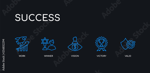 5 outline stroke blue valid, victory, vision, winner, work icons from success collection on black background. line editable linear thin icons.