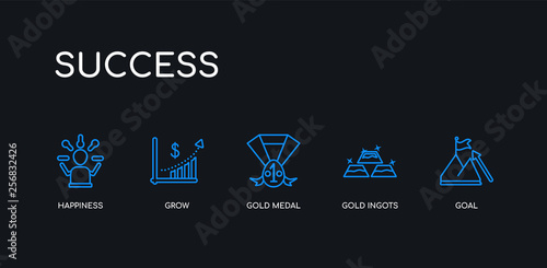 5 outline stroke blue goal, gold ingots, gold medal, grow, happiness icons from success collection on black background. line editable linear thin icons.