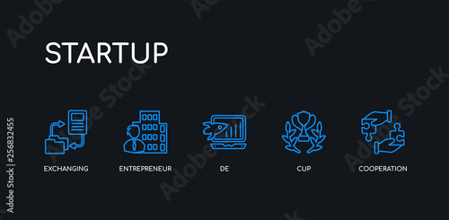5 outline stroke blue cooperation, cup, de, entrepreneur, exchanging icons from startup collection on black background. line editable linear thin icons.