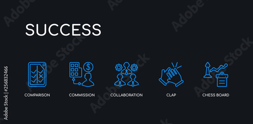 5 outline stroke blue chess board, clap, collaboration, commission, comparison icons from success collection on black background. line editable linear thin icons.