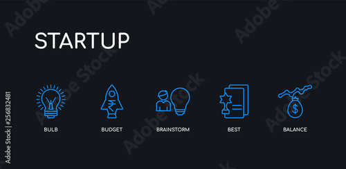 5 outline stroke blue balance, best, brainstorm, budget, bulb icons from startup collection on black background. line editable linear thin icons.