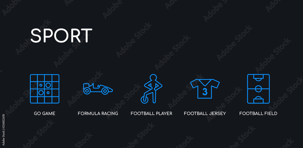 5 outline stroke blue football field, football jersey, football player, formula racing, go game icons from sport collection on black background. line editable linear thin icons.