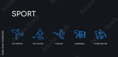 5 outline stroke blue horse racing, horseball, hurling, ice hockey, ice skating icons from sport collection on black background. line editable linear thin icons.